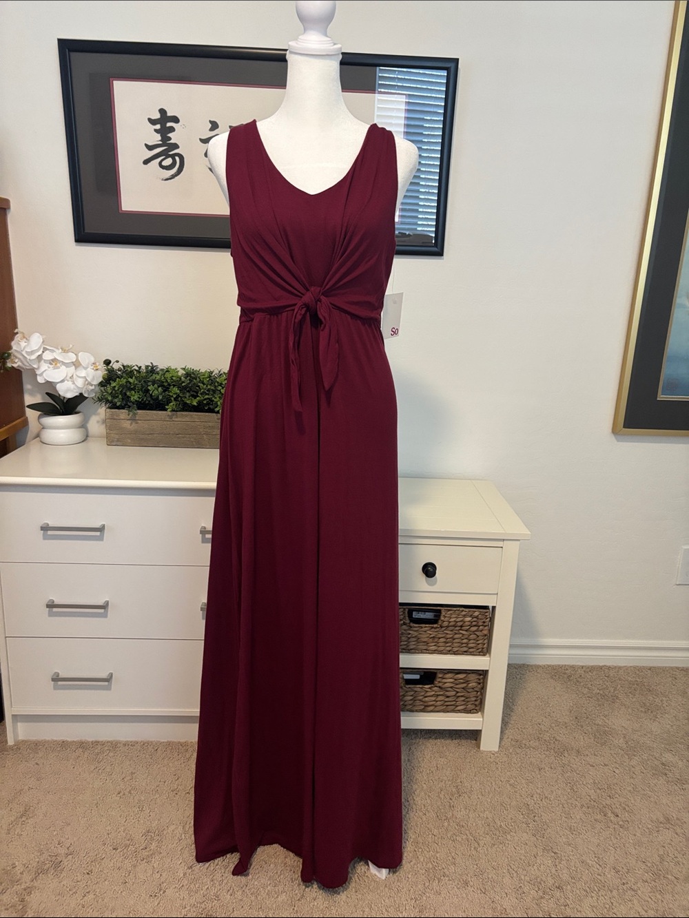 New Burgundy Sleeveless Tie-Waist Maxi Dress